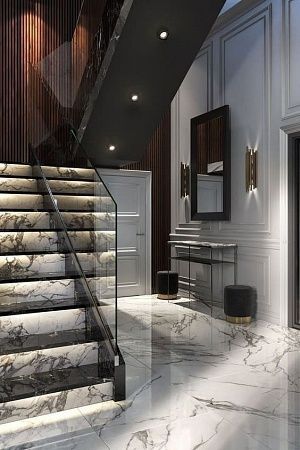 Облицовка лестниц мрамором в Москве - пример выполнения